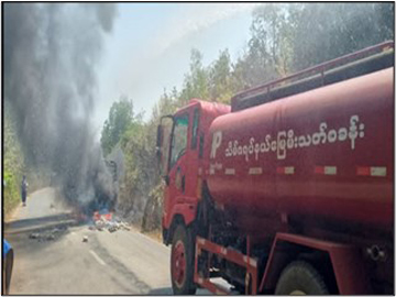 မွန်ပြည်နယ်၊ ကျိုက်ထိုမြို့နယ်၊ သိမ်ဇရပ်မြို့၊ ကျောက္ကလပ်ကျေးရွာအနီး၊ ကျိုက်ထို-သိမ်ဇရပ်ကားလမ်း၊ မိုင်တိုင်အမှတ် (၉၀/၄)တွင် ယာဉ် တစ်စီး မီးလောင်မှု