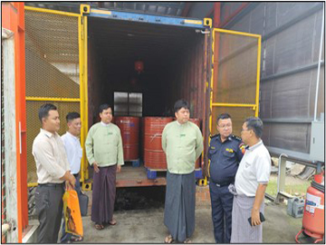 ရန်ကုန်တိုင်းဒေသကြီး၊ မင်္ဂလာဒုံခရိုင်၊ မင်္ဂလာဒုံမြို့နယ်၊ သင်္ဃန်းကျွန်းကြီးကျေးရွာအုပ်စု၊ ရန်ကုန်စက်မှုဇုန်၌ လုပ်ငန်းသုံးထိန်းချုပ်ဓာတုပစ္စည်း သိုလှောင်ထိန်းသိမ်းထားရှိမှုများအား ကွင်းဆင်းစစ်ဆေး